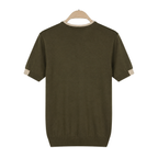 WEELZ Contrast-Trim Crew Neck Knit T-Shirt — Olive — back hanging view