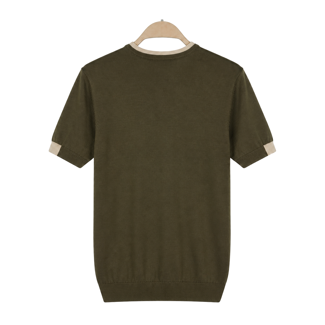 WEELZ Contrast-Trim Crew Neck Knit T-Shirt — Olive — back hanging view