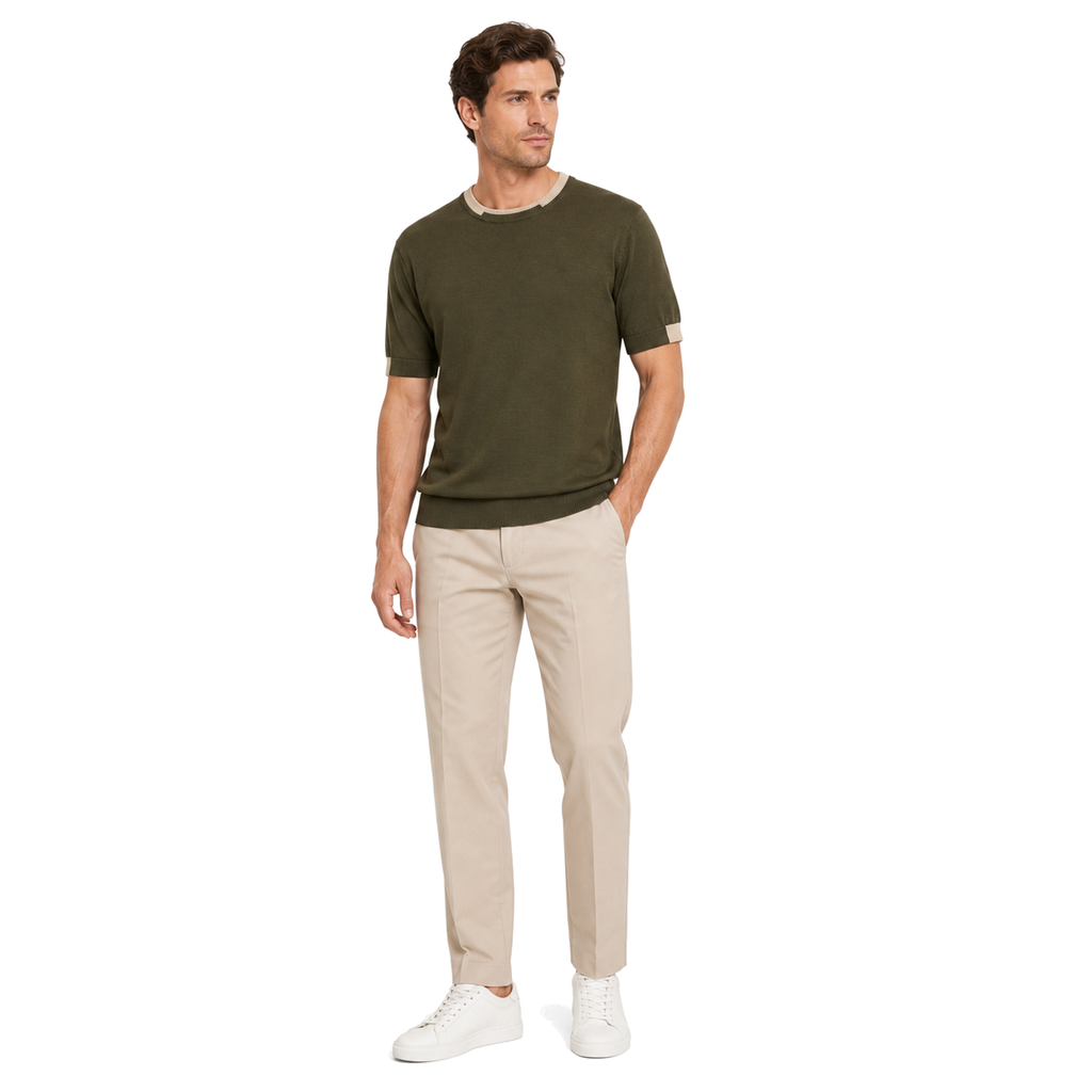 WEELZ Contrast-Trim Crew Neck Knit T-Shirt — Olive — model look 1