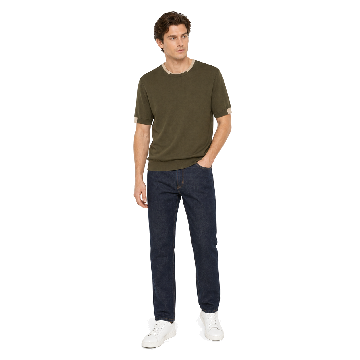 WEELZ Contrast-Trim Crew Neck Knit T-Shirt — Olive — model look 2