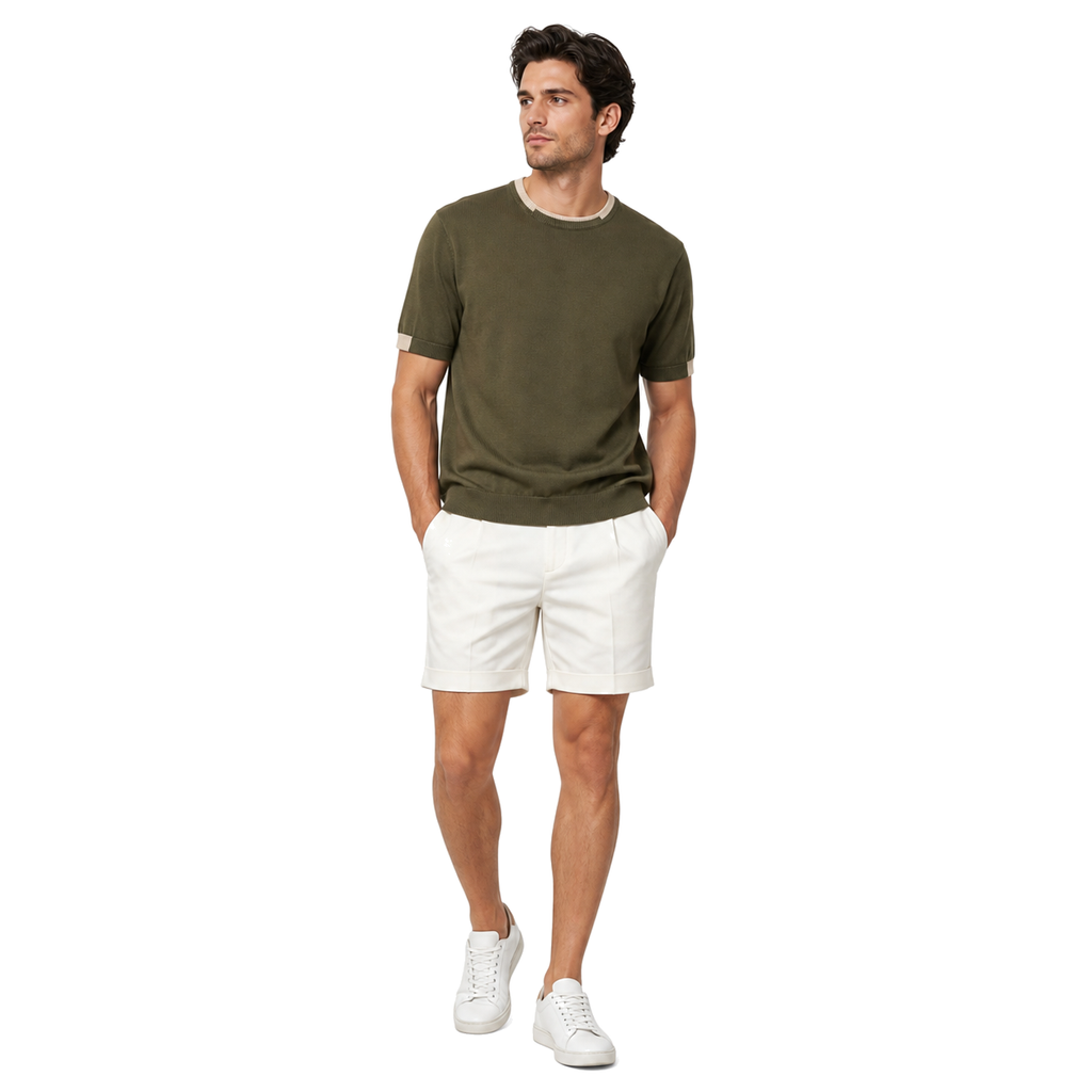 WEELZ Contrast-Trim Crew Neck Knit T-Shirt — Olive — model look 3