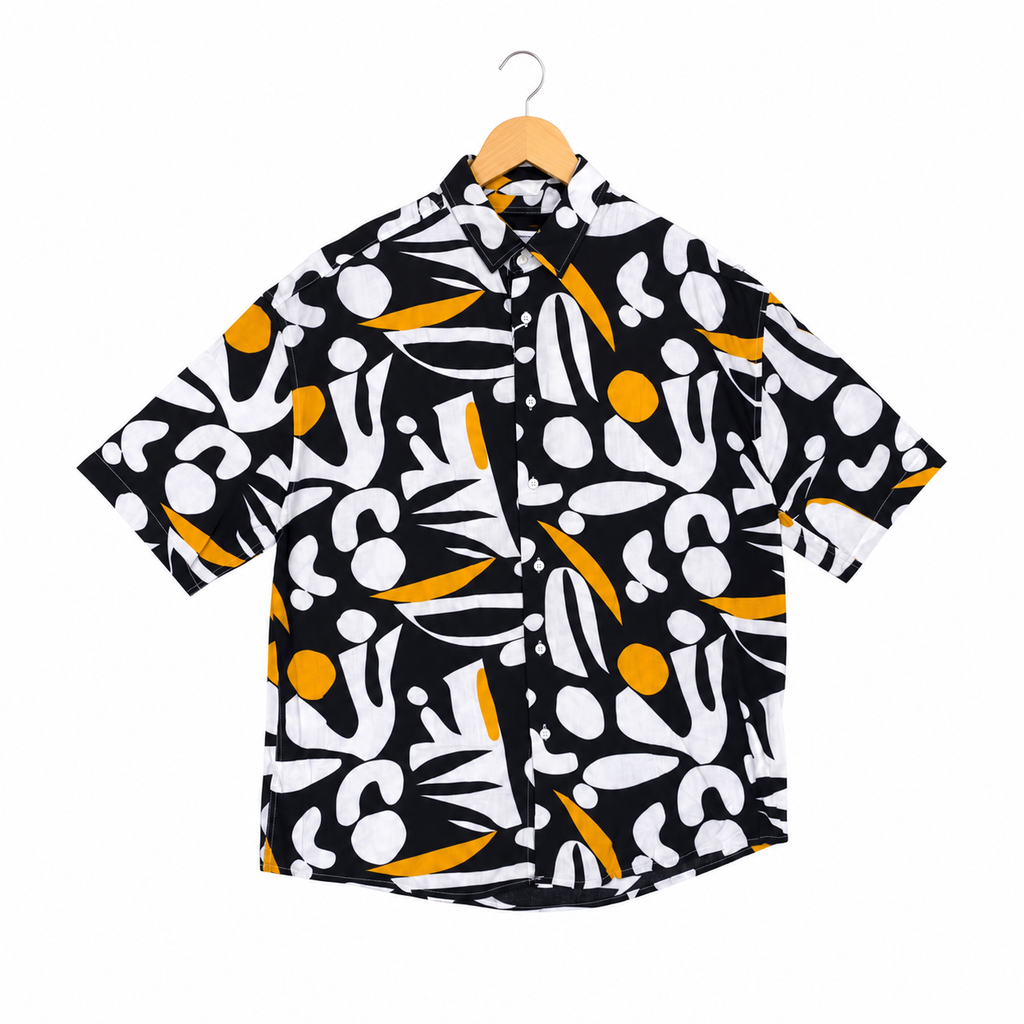 WEELZ black and white floral Hawaii shirt, front hanger view