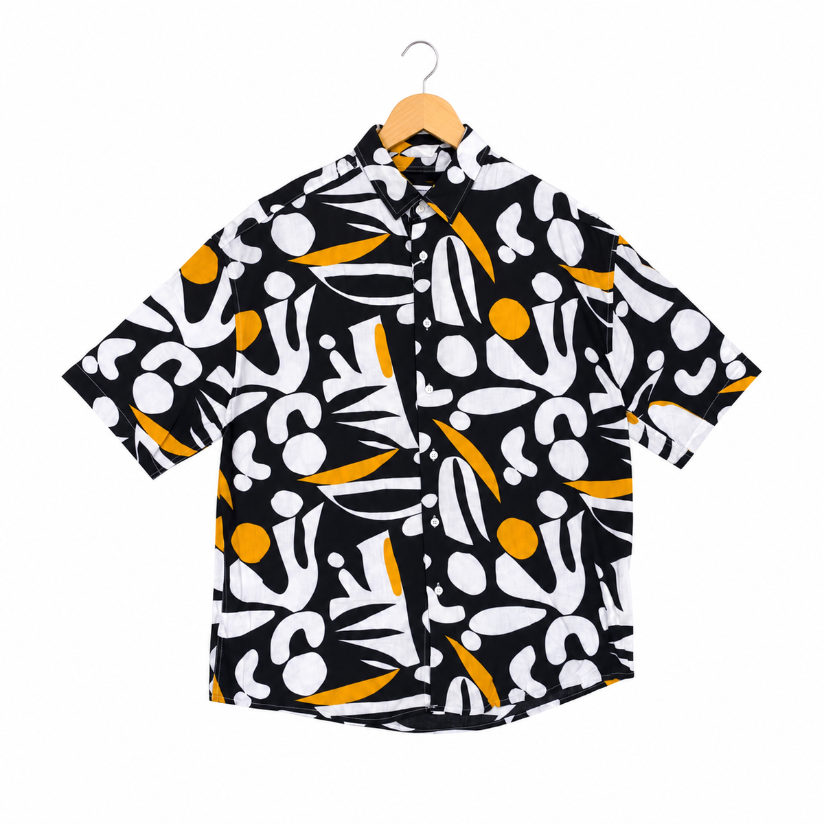 WEELZ black and white floral Hawaii shirt, front hanger view