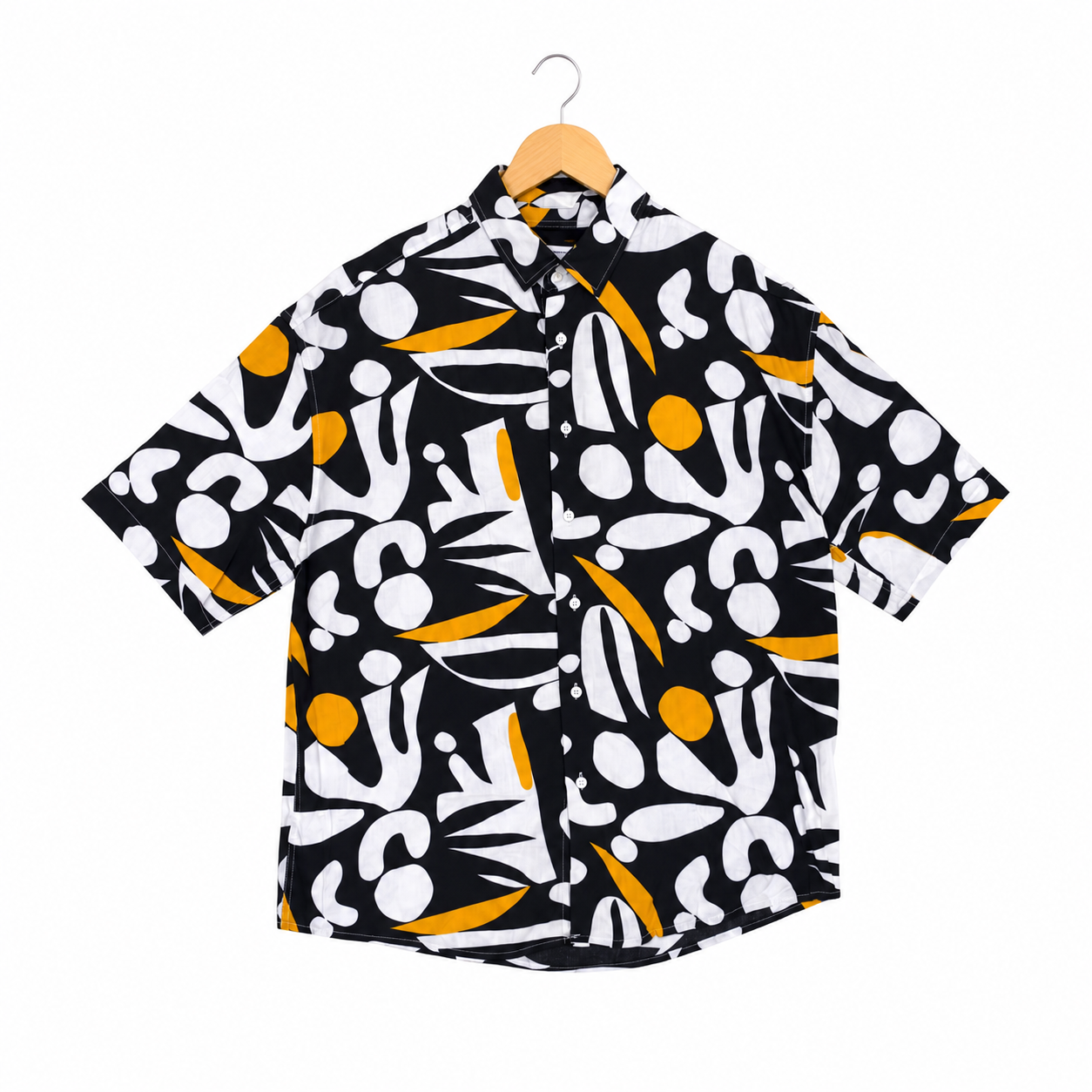 WEELZ black and white floral Hawaii shirt, front hanger view