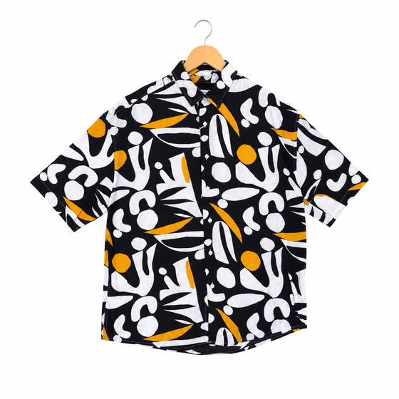 WEELZ black and white floral Hawaii shirt, front hanger view