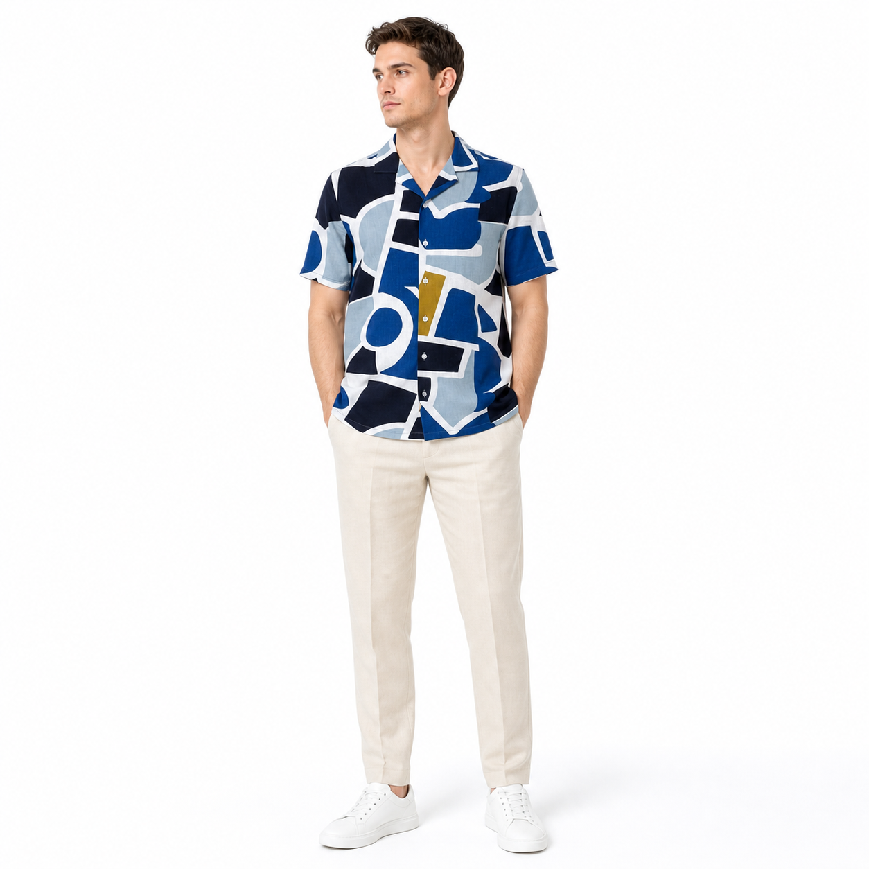 WEELZ geometric linen-blend Hawaii shirt Blue — styled look one