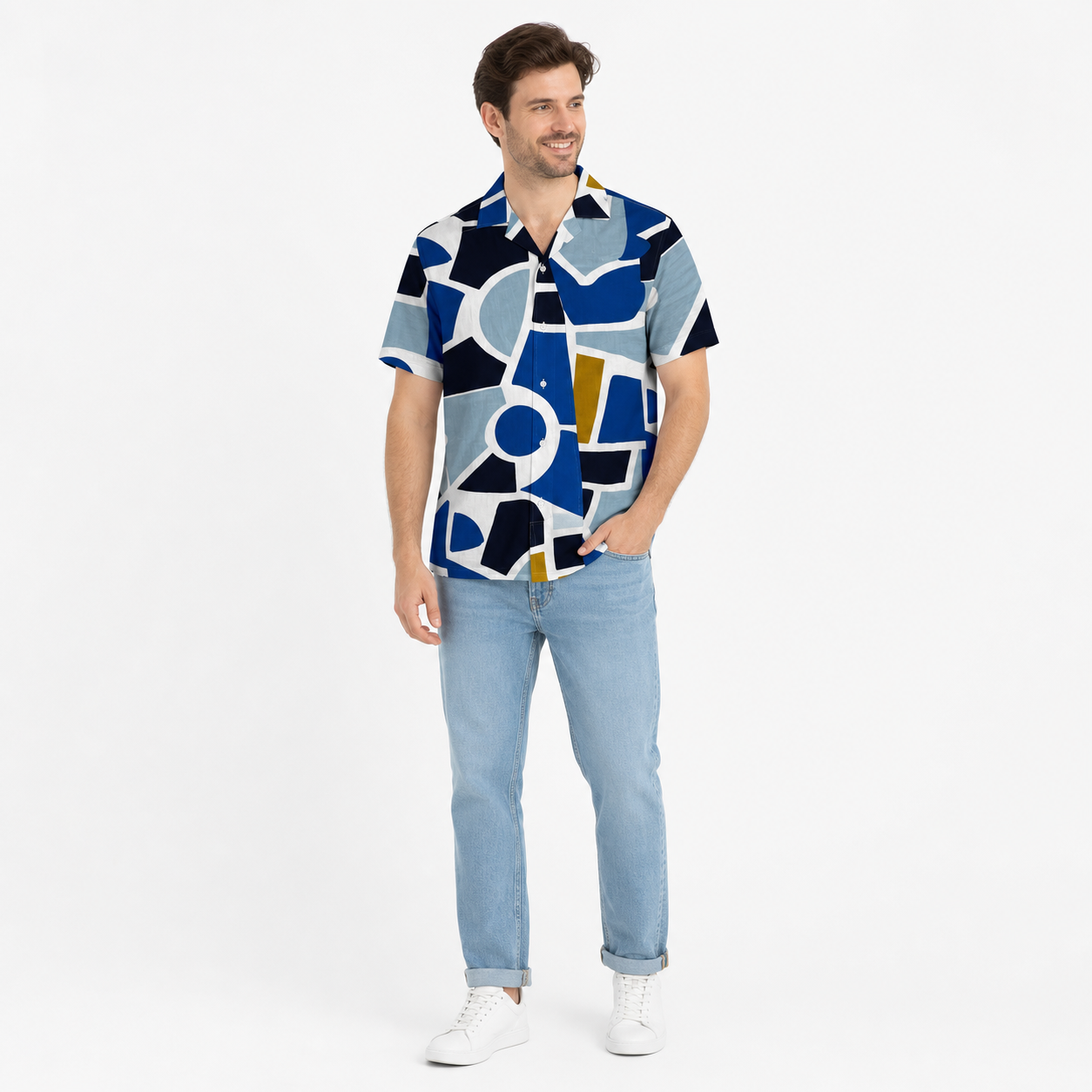 WEELZ geometric linen-blend Hawaii shirt Blue — styled look three