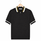 WEELZ geometric-trim zip knit polo in black — front on hanger