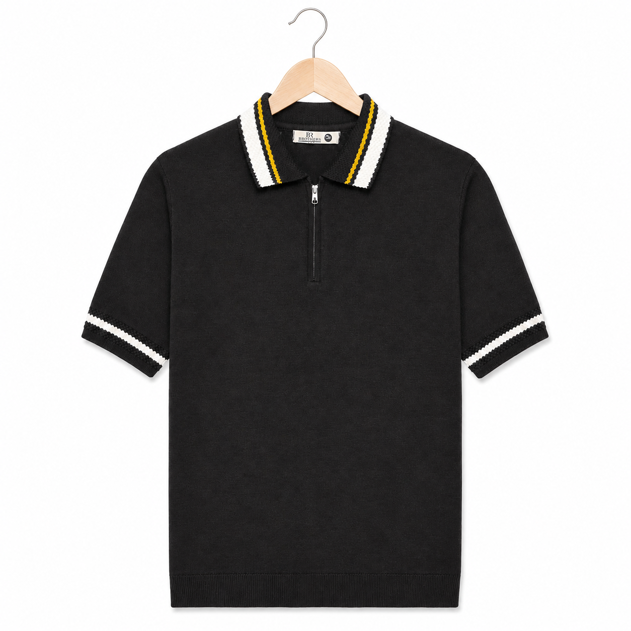 WEELZ geometric-trim zip knit polo in black — front on hanger