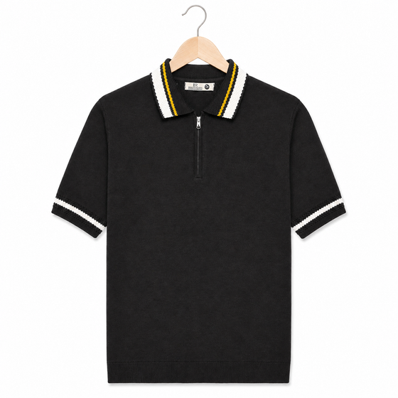 WEELZ geometric-trim zip knit polo in black — front on hanger