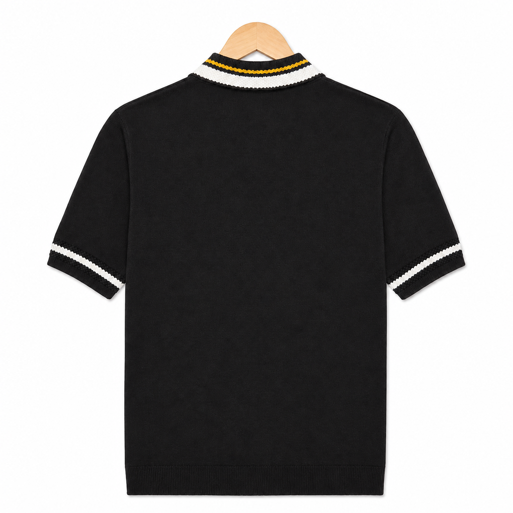 WEELZ geometric-trim zip knit polo in black — back on hanger