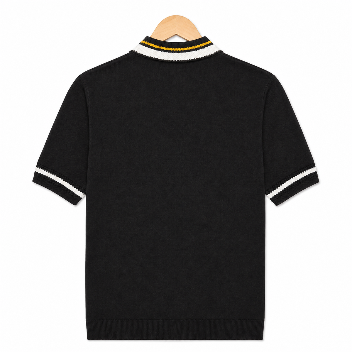 WEELZ geometric-trim zip knit polo in black — back on hanger