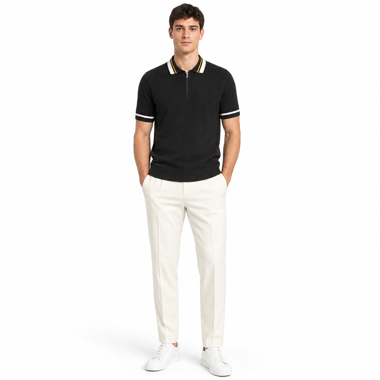 WEELZ geometric-trim zip knit polo in black — men’s look 1