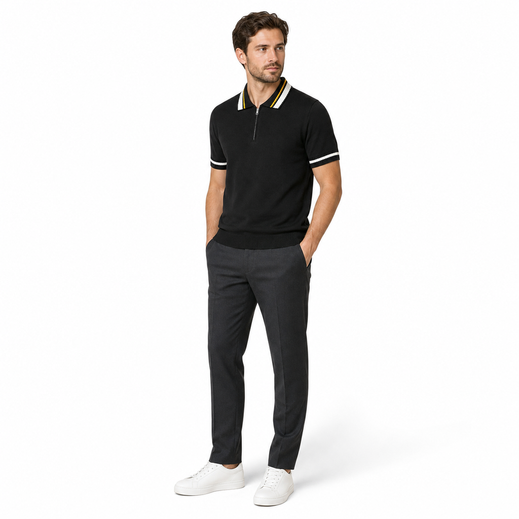 WEELZ geometric-trim zip knit polo in black — men’s look 2