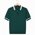 WEELZ geometric-trim zip knit polo in dark green — front on hanger