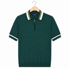 WEELZ geometric-trim zip knit polo in dark green — front on hanger