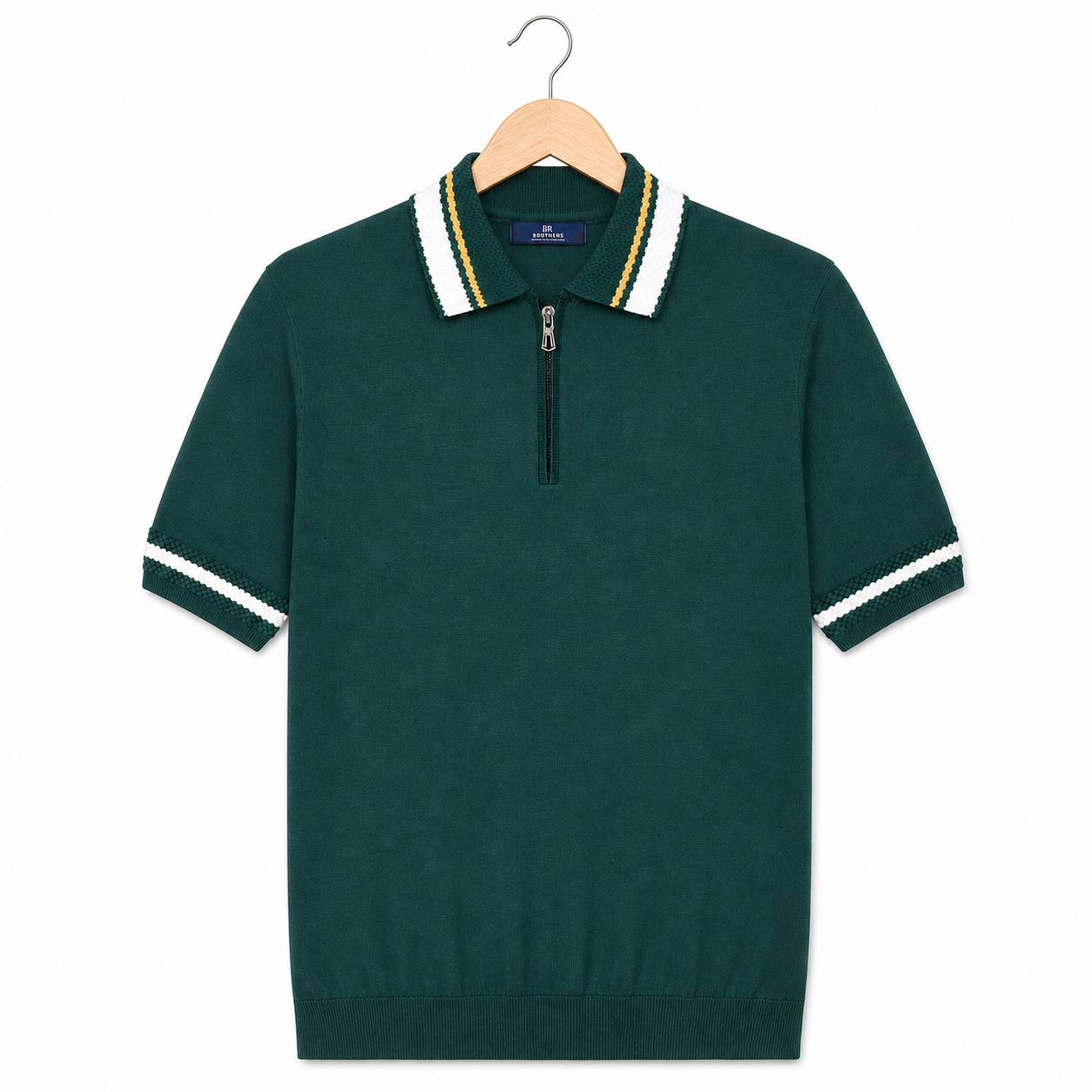 WEELZ geometric-trim zip knit polo in dark green — front on hanger