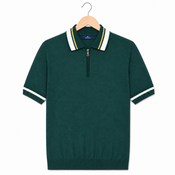 WEELZ geometric-trim zip knit polo in dark green — front on hanger