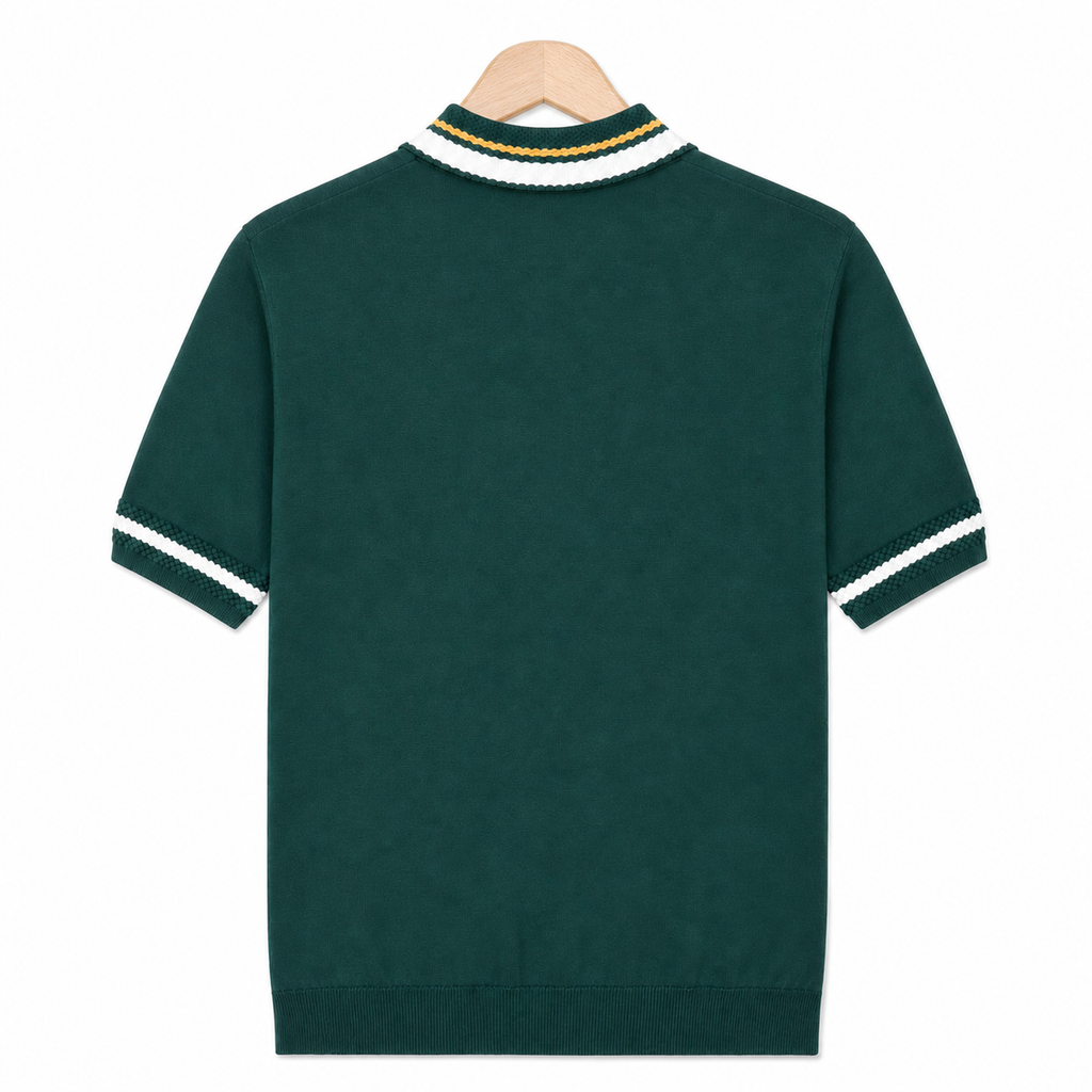 WEELZ geometric-trim zip knit polo in dark green — back on hanger