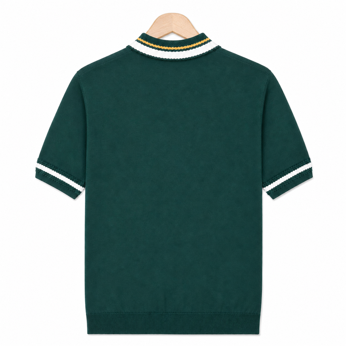 WEELZ geometric-trim zip knit polo in dark green — back on hanger