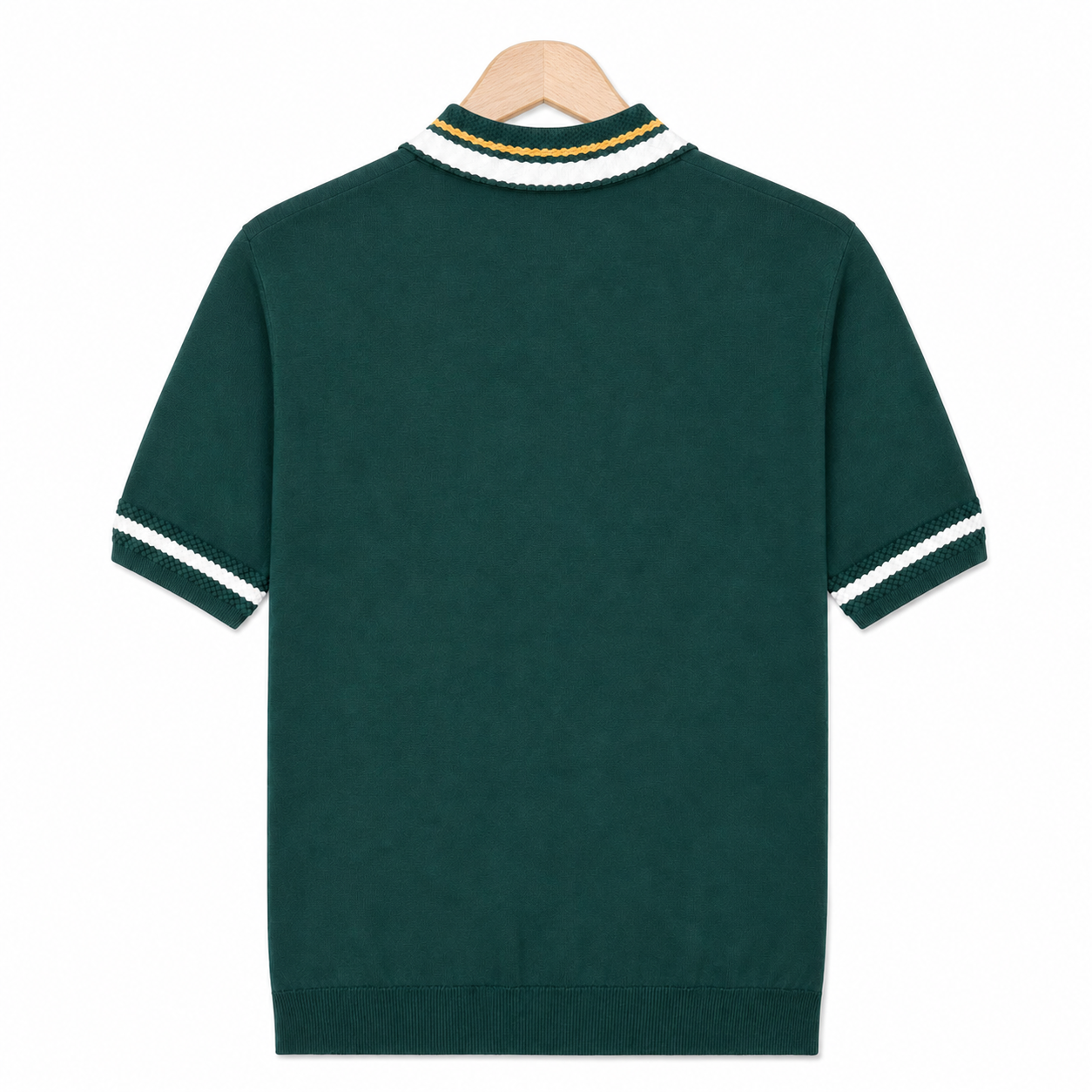WEELZ geometric-trim zip knit polo in dark green — back on hanger