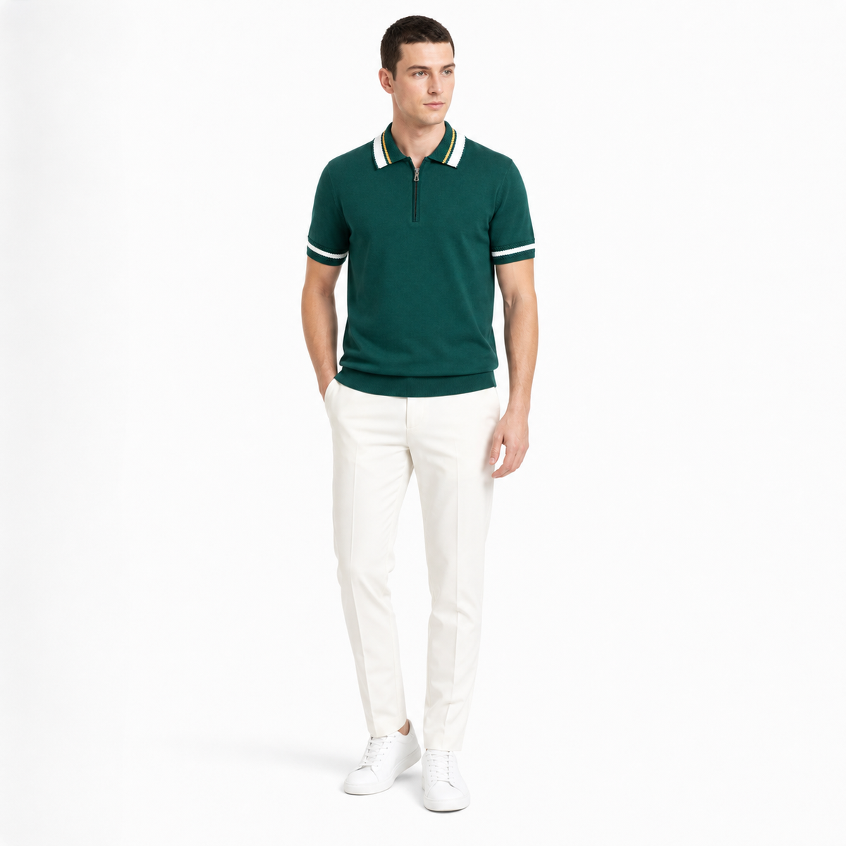 WEELZ geometric-trim zip knit polo in dark green — men’s look 1