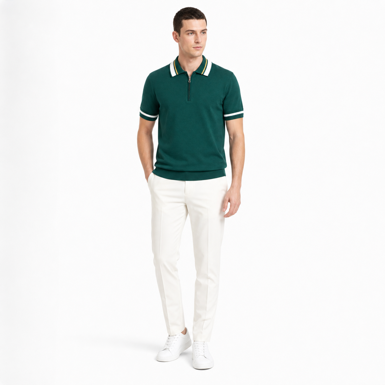 WEELZ geometric-trim zip knit polo in dark green — men’s look 1