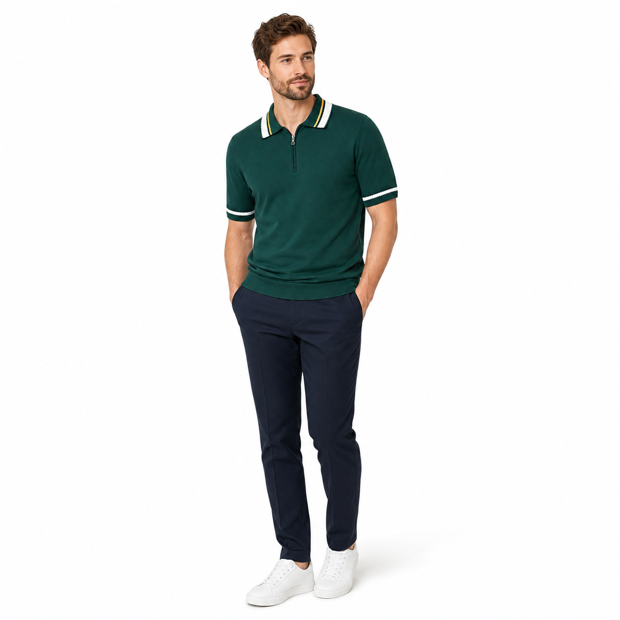 WEELZ geometric-trim zip knit polo in dark green — men’s look 2