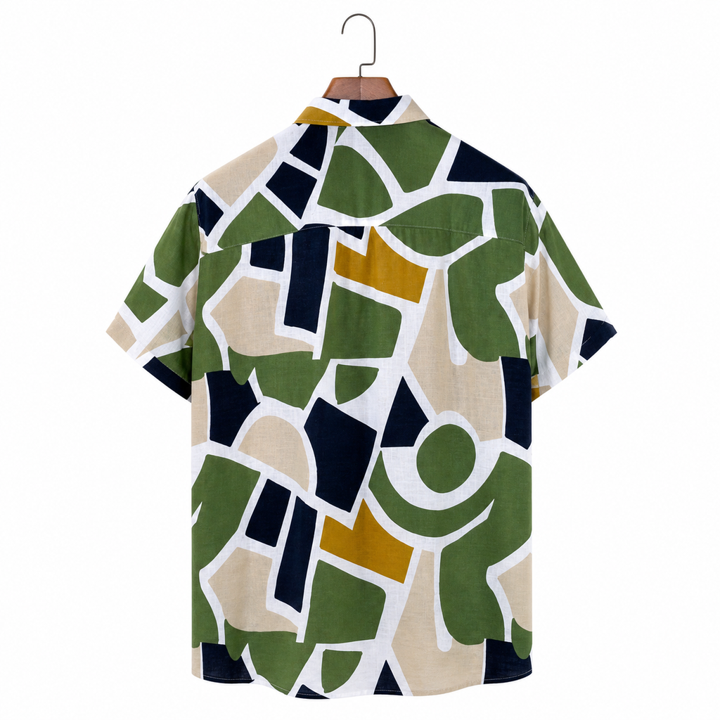 WEELZ geometric linen-blend Hawaii shirt White and Green — back view