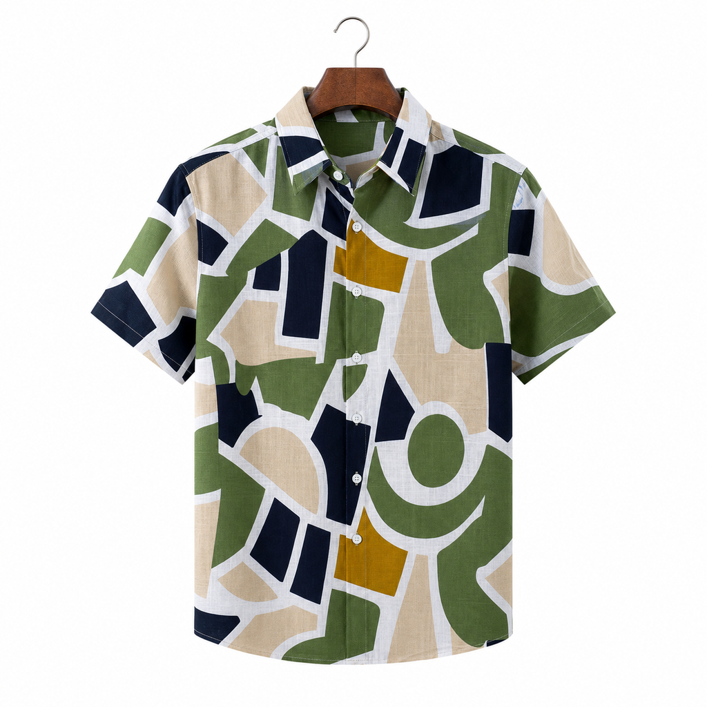 WEELZ geometric linen-blend Hawaii shirt White and Green — front view