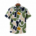 WEELZ geometric linen-blend Hawaii shirt White and Green — front view