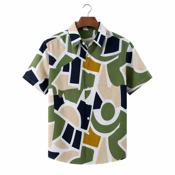WEELZ geometric linen-blend Hawaii shirt White and Green — front view
