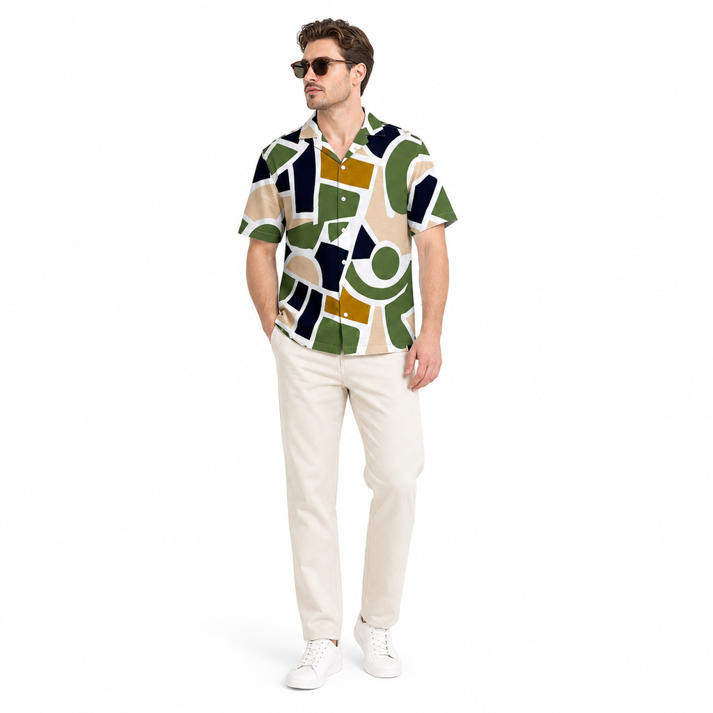 WEELZ geometric linen-blend Hawaii shirt White and Green — styled look one