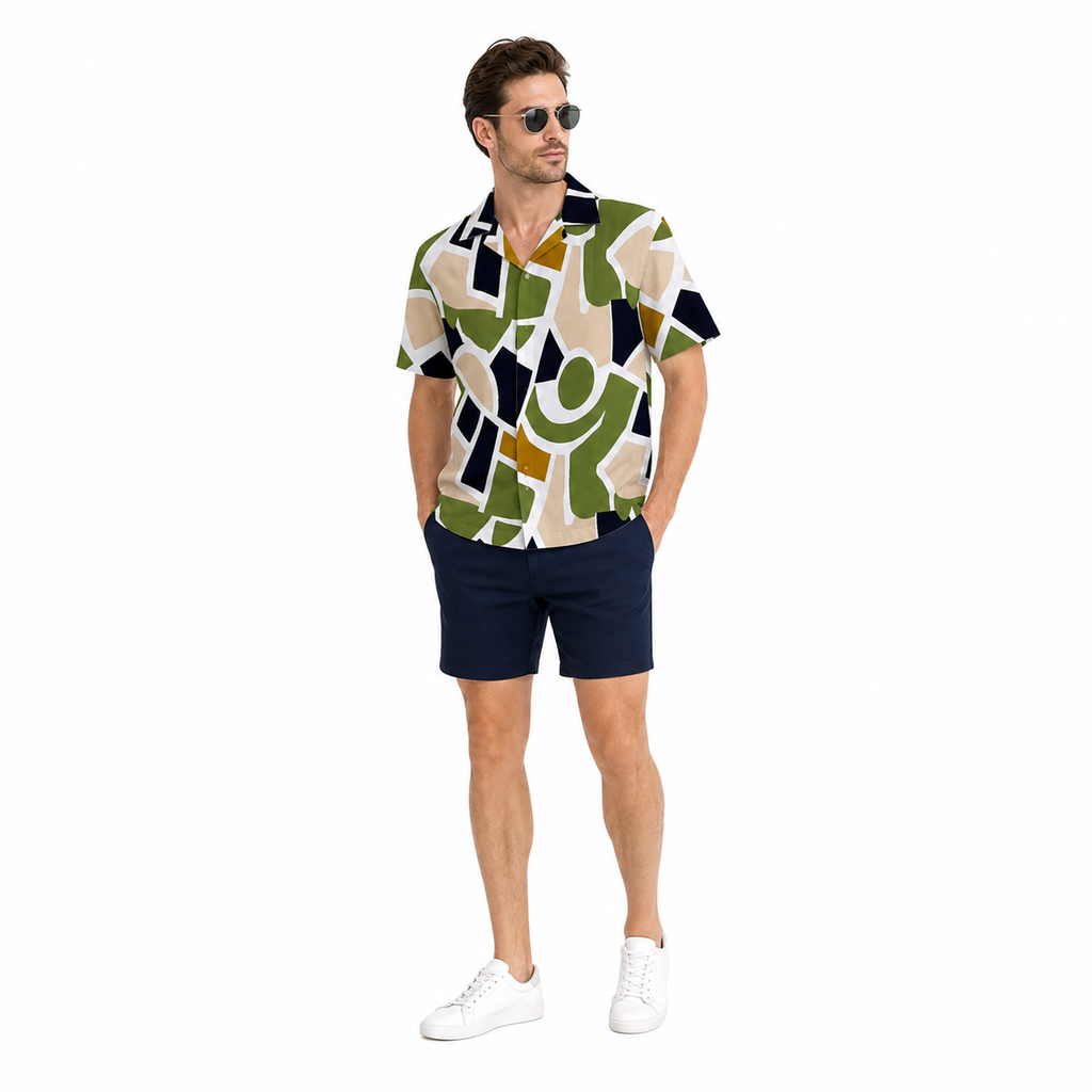 WEELZ geometric linen-blend Hawaii shirt White and Green — styled look two
