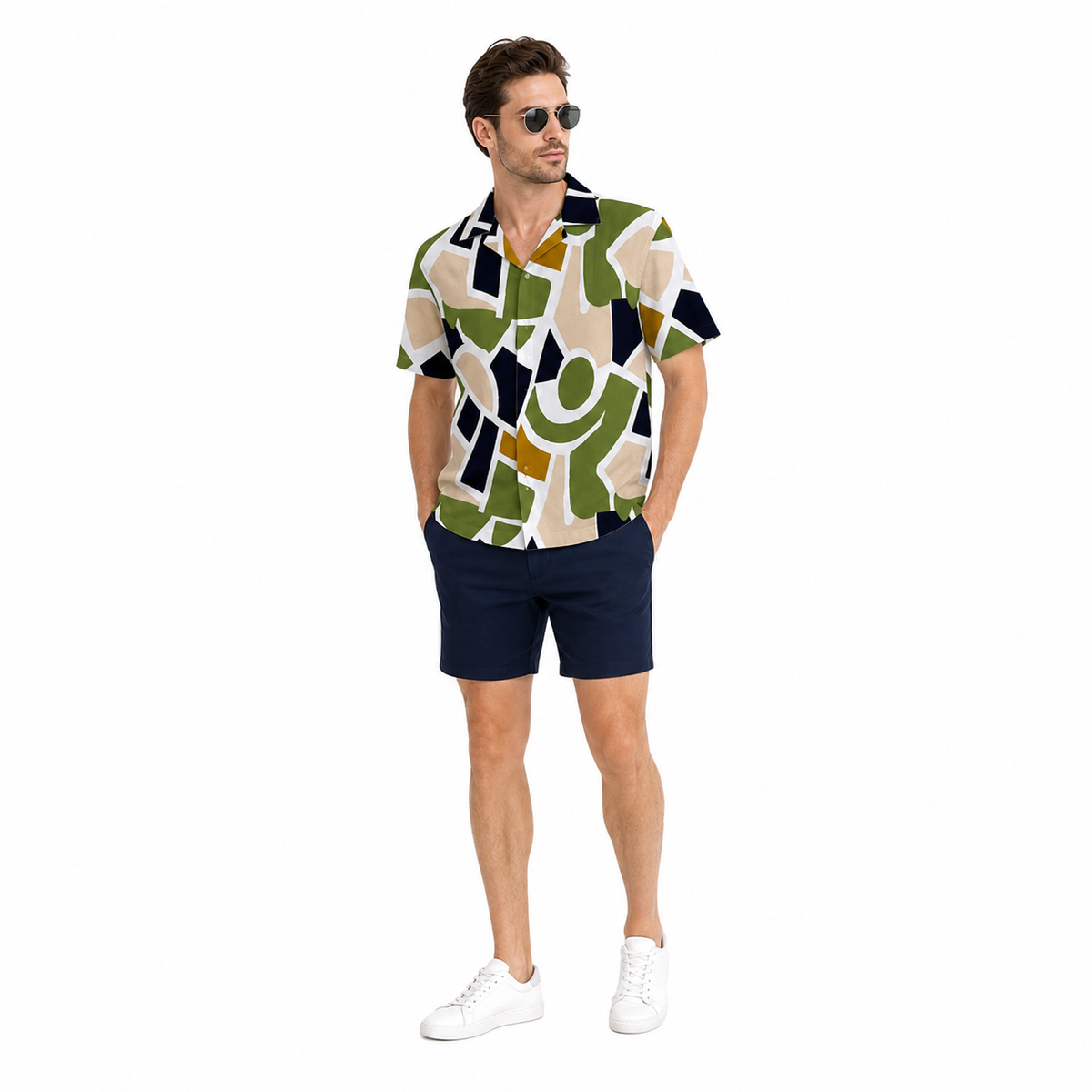 WEELZ geometric linen-blend Hawaii shirt White and Green — styled look two