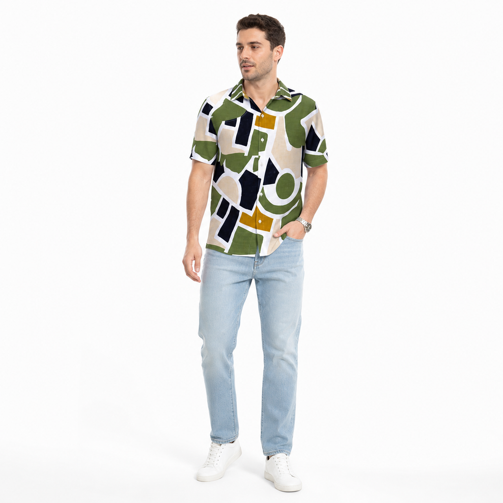 WEELZ geometric linen-blend Hawaii shirt White and Green — styled look three