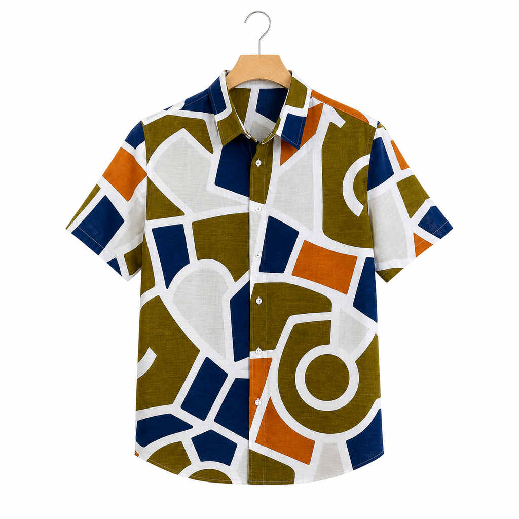 WEELZ geometric linen-blend Hawaii shirt White and Olive — front view