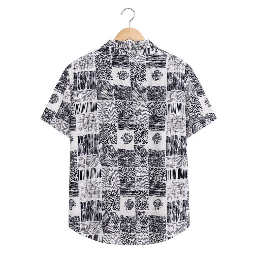 WEELZ grey patchwork Hawaii shirt, back hanger view
