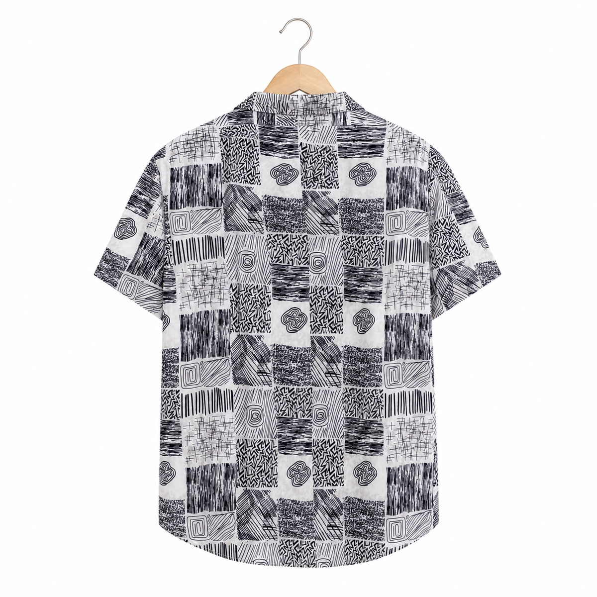 WEELZ grey patchwork Hawaii shirt, back hanger view