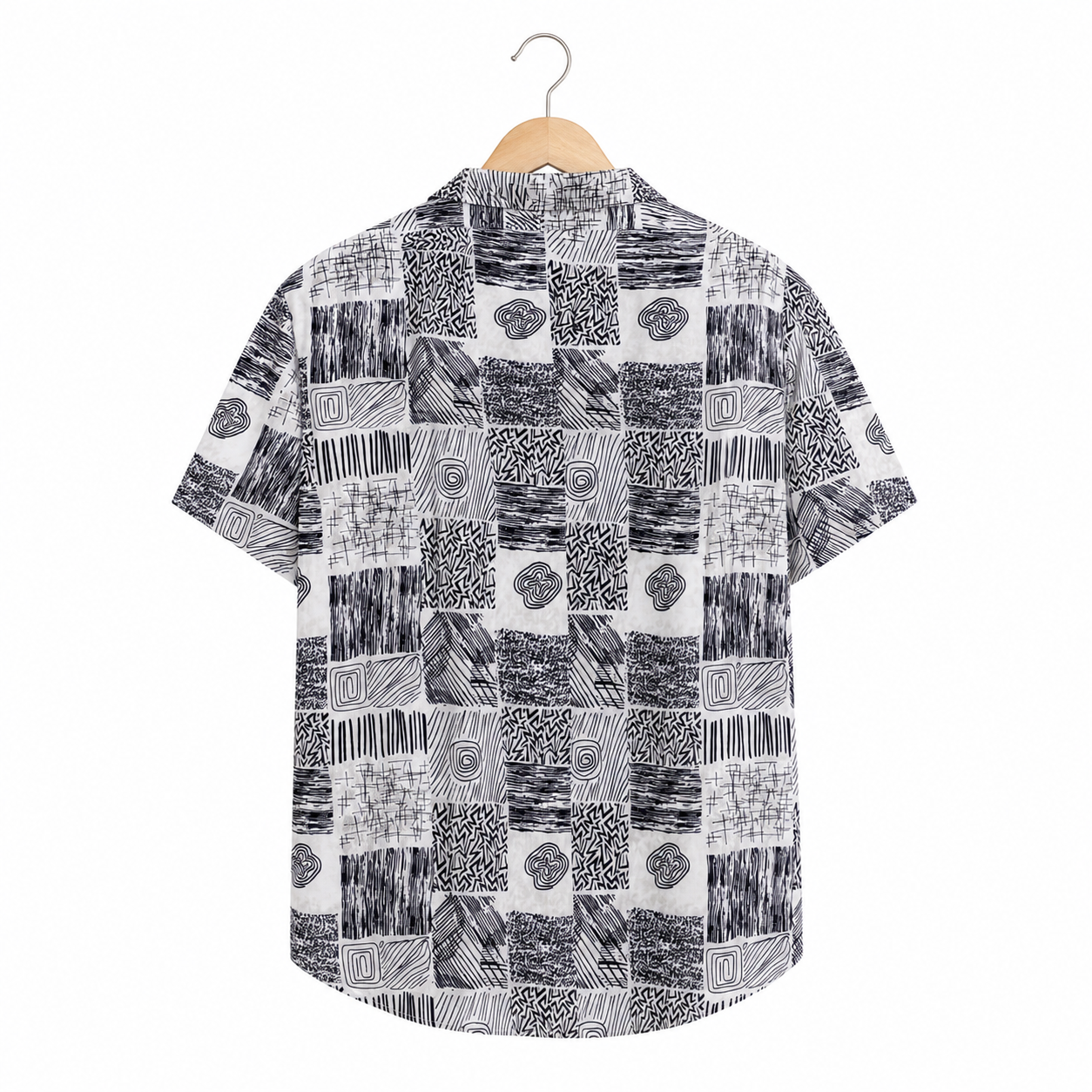 WEELZ grey patchwork Hawaii shirt, back hanger view