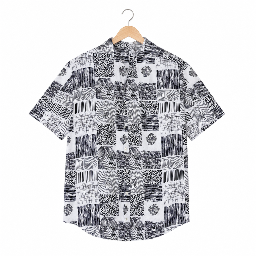 WEELZ grey patchwork Hawaii shirt, front hanger view