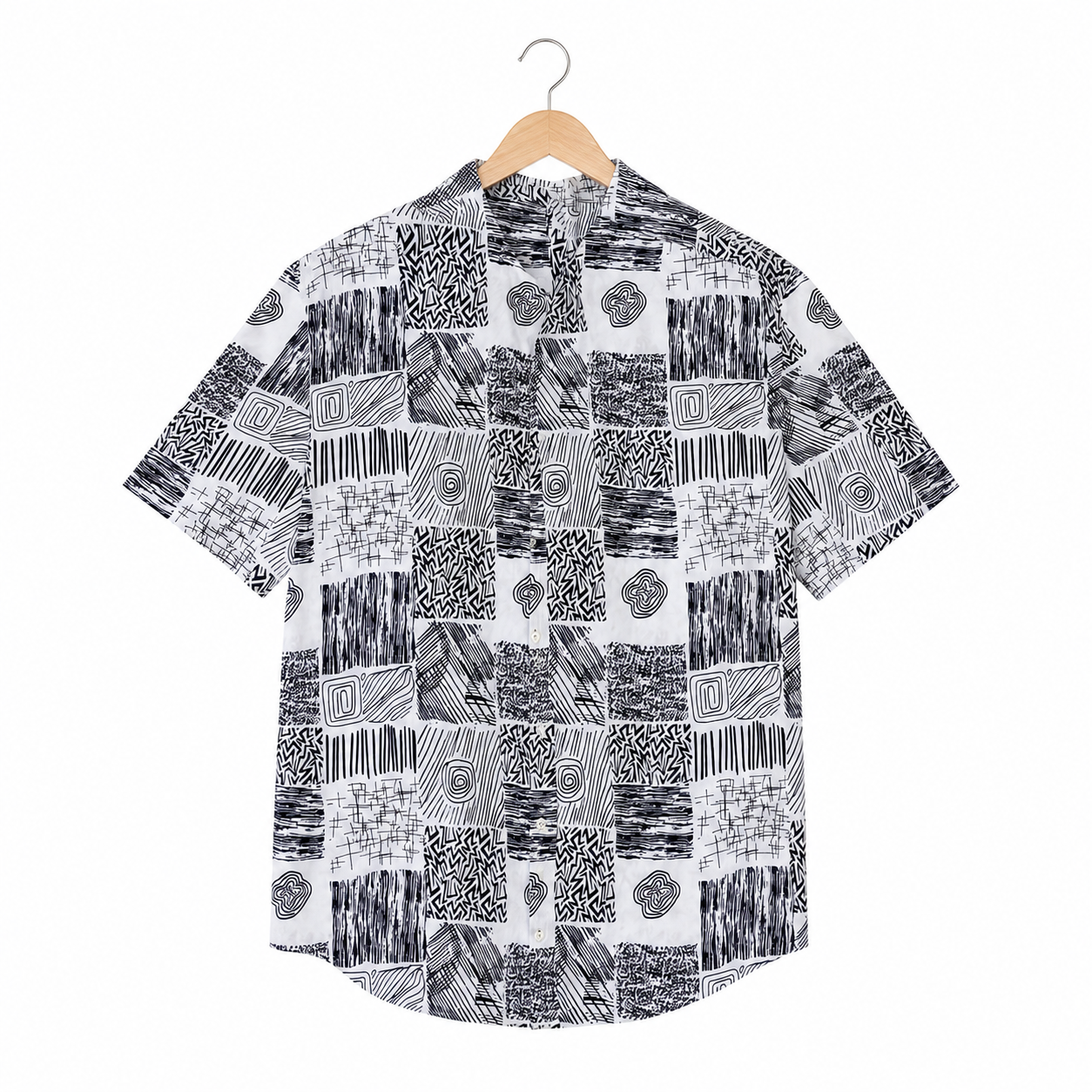 WEELZ grey patchwork Hawaii shirt, front hanger view