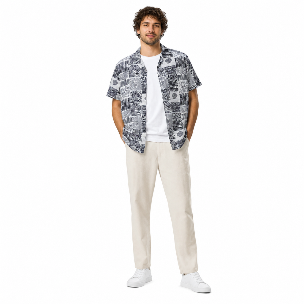 WEELZ grey patchwork Hawaii shirt, model styling one