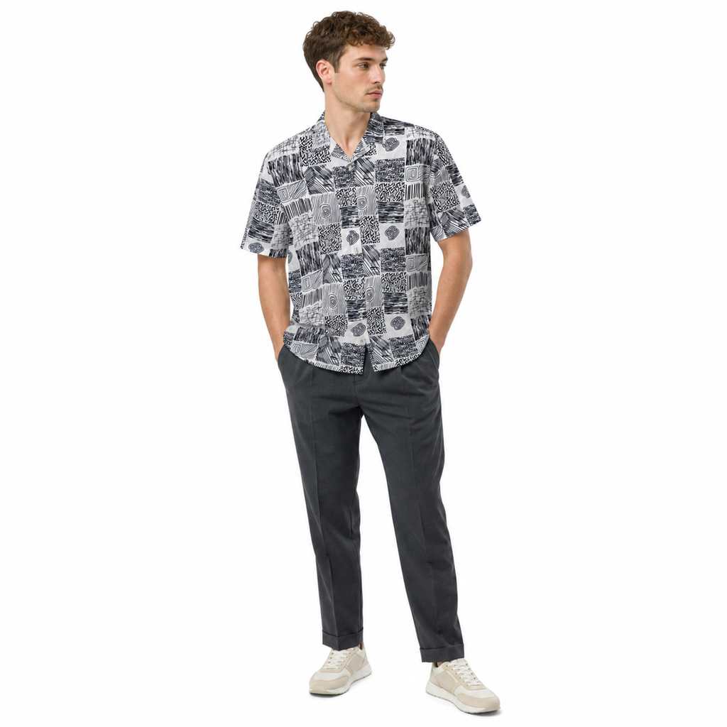 WEELZ grey patchwork Hawaii shirt, model styling two
