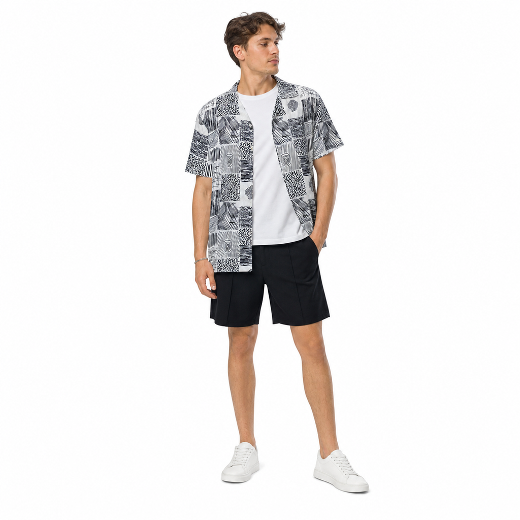 WEELZ grey patchwork Hawaii shirt, model styling three