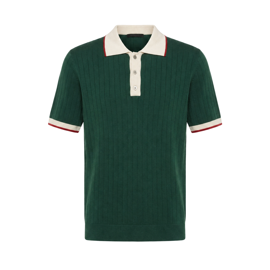 WEELZ Contrast-Collar Button Knit Polo in Forest Green — front