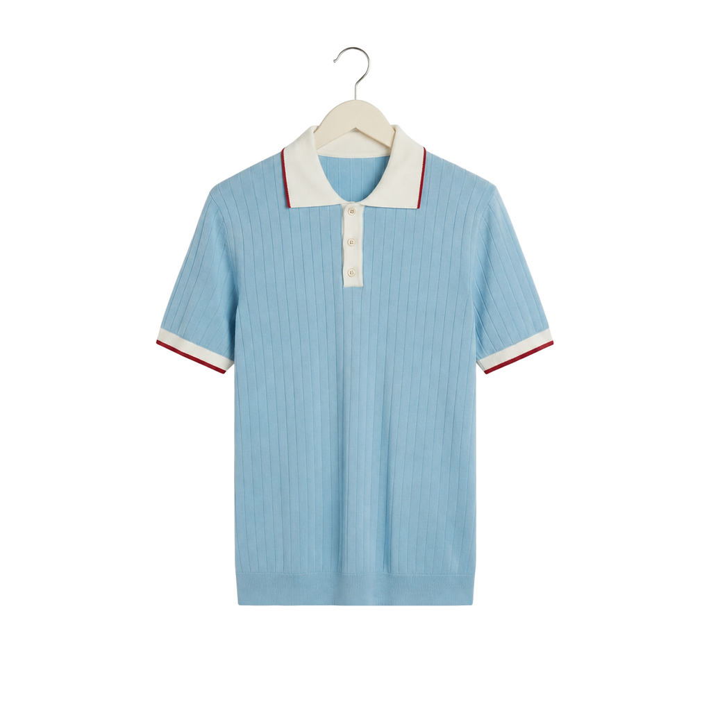 WEELZ Contrast-Collar Button Knit Polo in Sky Blue — front