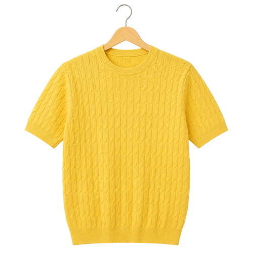 WEELZ Cable-Knit Crew Neck T-Shirt in Yellow — front