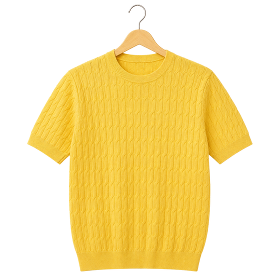 WEELZ Cable-Knit Crew Neck T-Shirt in Yellow — front