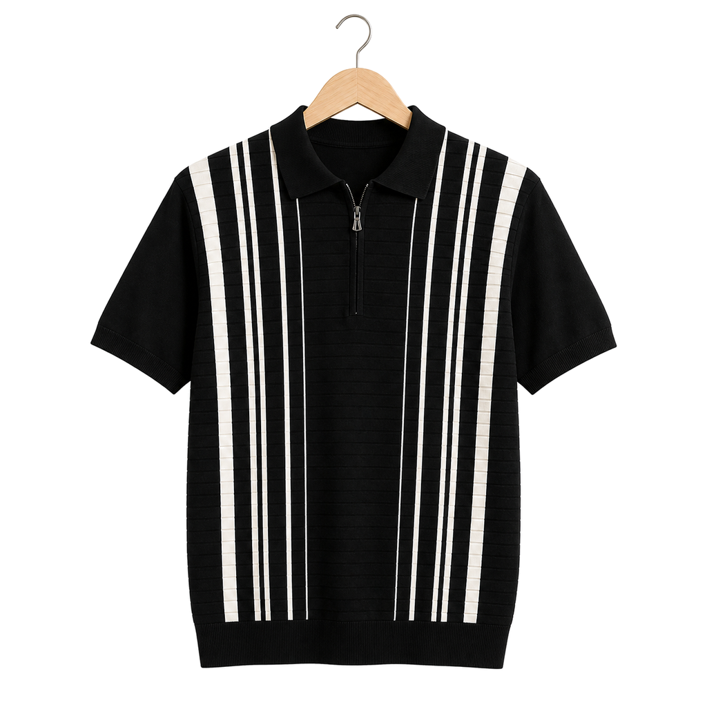 WEELZ Vertical Stripe Zip Knit Polo in Black & White — front